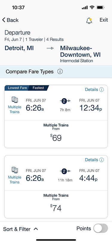Amtrak vs flying. An Amtrak train ride roundtrip for the route Detroit to Milwaukee.