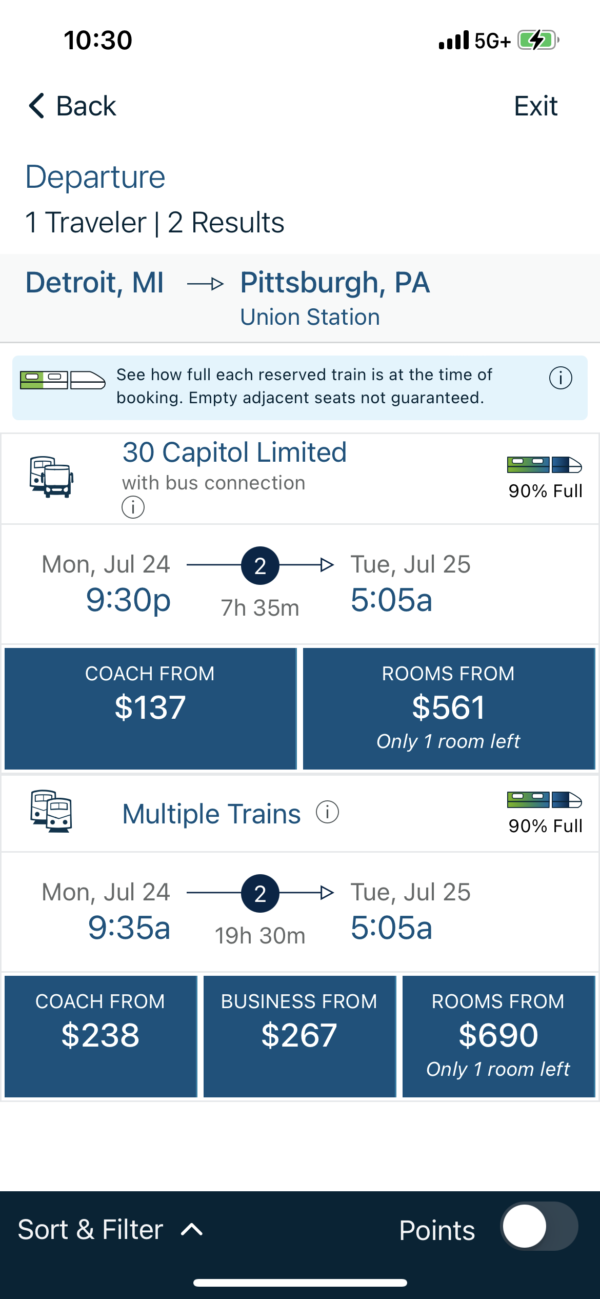 The cost of an Amtrak ride from Detroit to Pittsburgh.