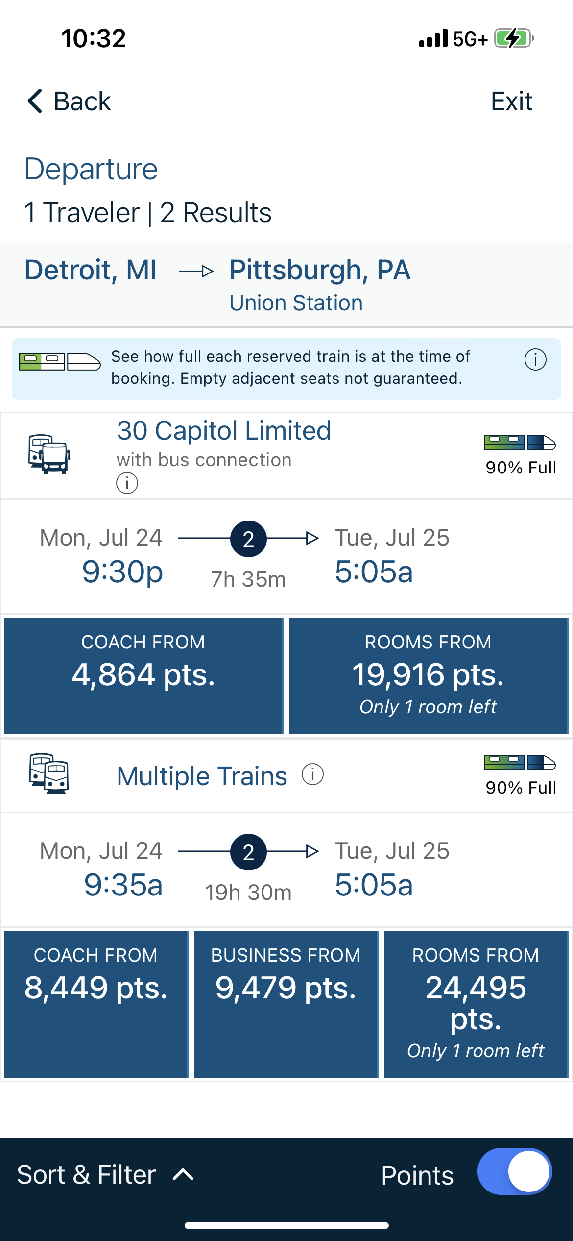 The cost of an Amtrak ride from Detroit to Pittsburgh using points.