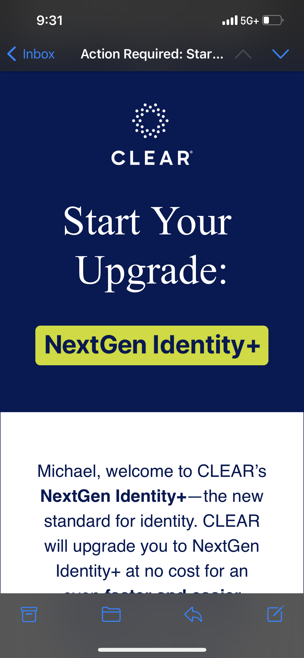 Email CLEAR members receive when being asked to upgrade to CLEAR NextGen Identity+.