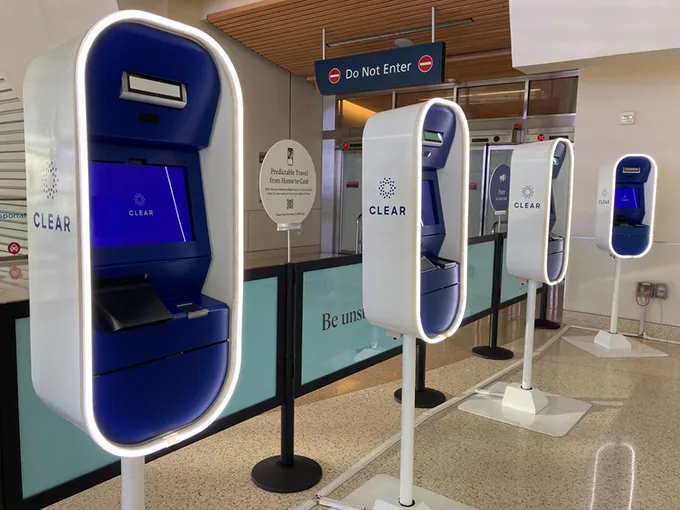Picture of CLEAR kiosks at an airport.