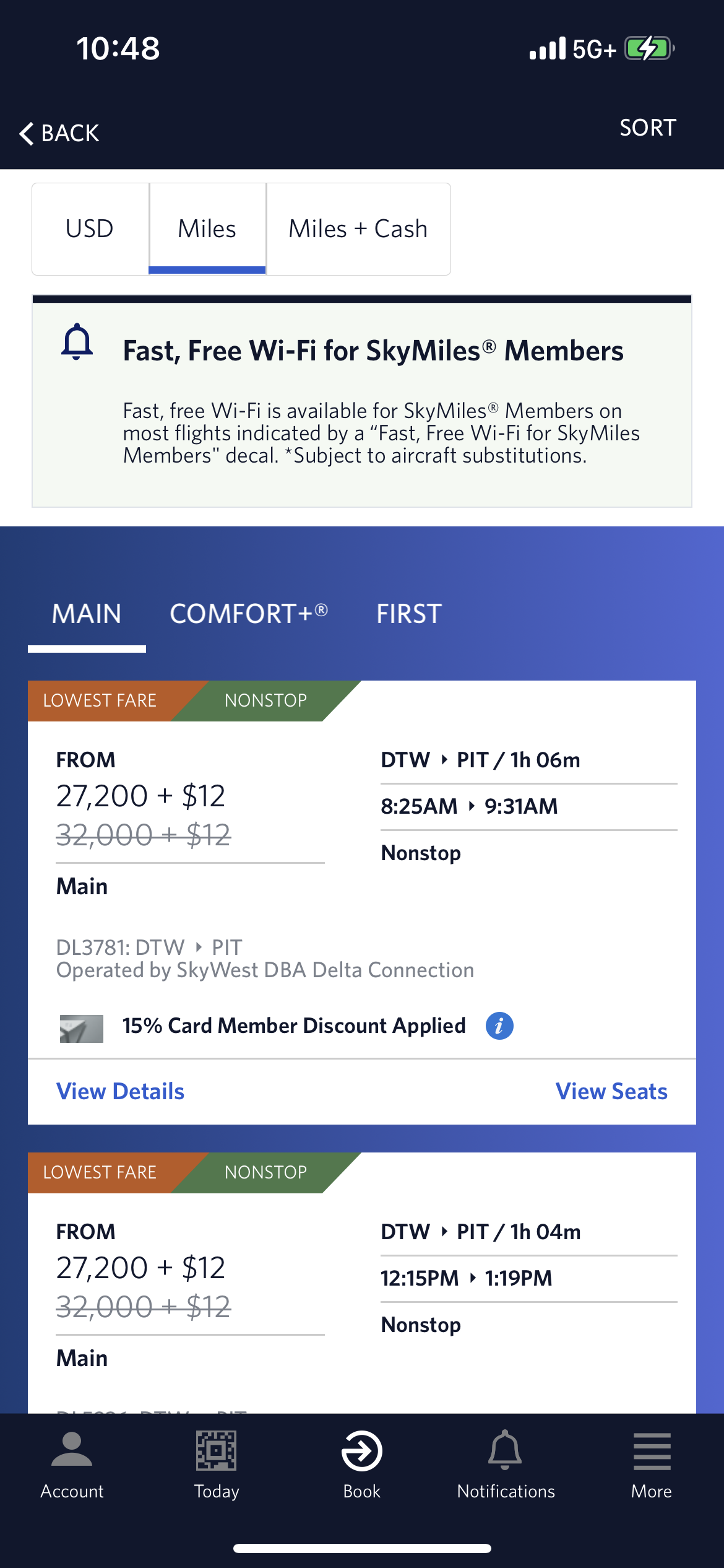 The cost of a Delta flight from Detroit to Pittsburgh using points.