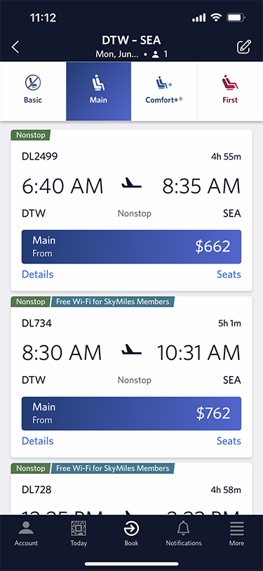 An Delta roundtrip for the route Detroit to Seattle.