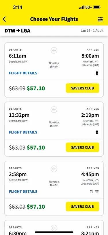 Screenshot from the Spirit Airlines app showing the initial trip price for a roundtrip from DTW to LGA. Author walks through the process of flying Spirit Airlines and buying a ticket online.