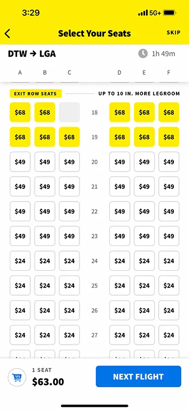 Screenshot from the Spirit Airlines app showing the price for exit row seats on a flight from DTW to LGA.