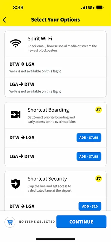 Screenshot from the Spirit Airlines app showing options for faster boarding.