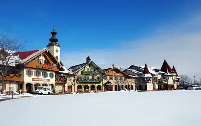 Outside the Bavarian Inn Lodge in winter in Frankenmuth, MI. Frankenmuth is one of the 11 best places to visit in Michigan!
