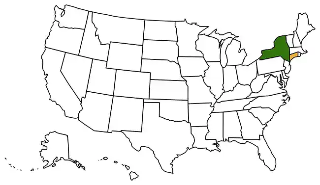 Is Connecticut in New York? No-- but the states do border one another! Here is a picture of a map of the US with the two states colored in. New York is green and Connecticut is orange.
