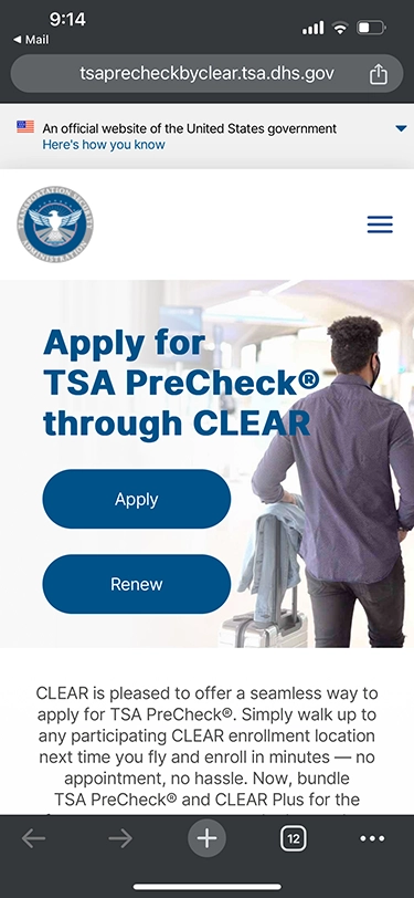 The page on CLEAR's website you will be directed to after clicking the link in the email CLEAR sends you about applying to TSA PreCheck or renewing TSA PreCheck through your CLEAR Plus membership.