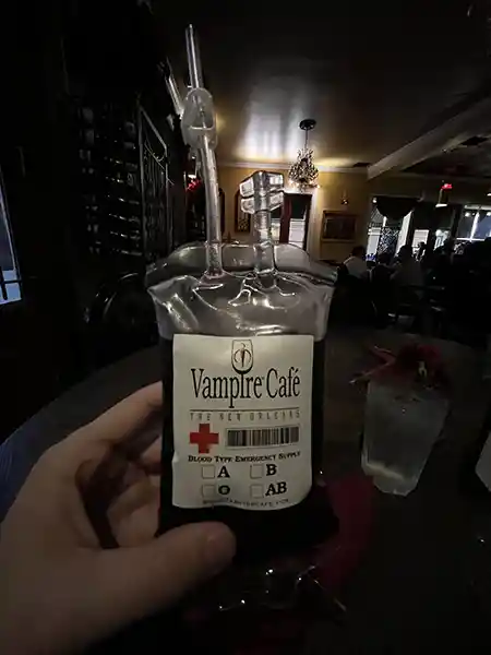Picture of sangria inside a blood bag at Vampire Cafe in New Orleans.