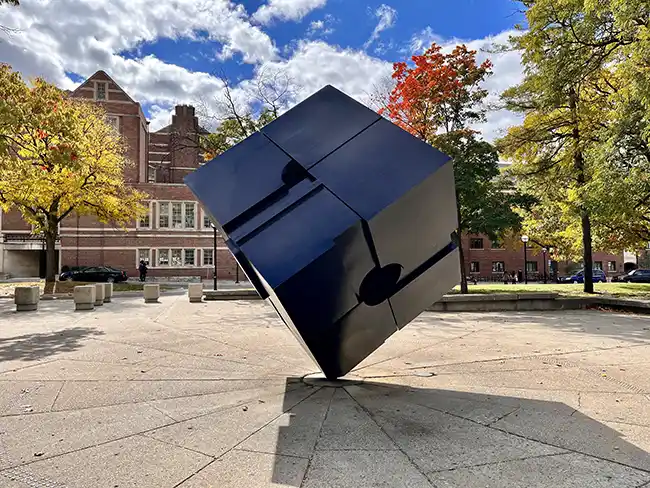 A cubic structure called 'The Cube' on the campus of University of Michigan in Ann Arbor, MI