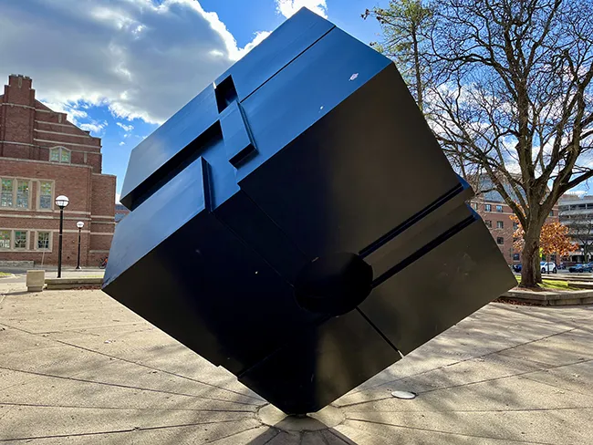 The forever spinning structure known as 'The Cube' on the University of Michigan campus. Seeing The Cube is one of the most fun things to do in Ann Arbor!