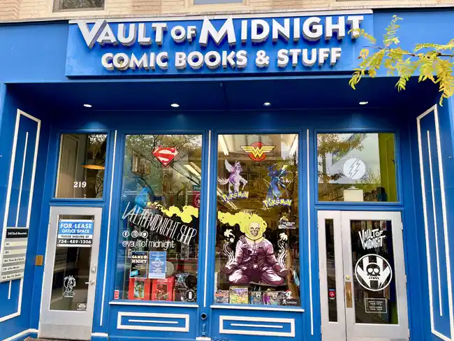 Outside the entrance to Vault of Midnight in Ann Arbor.