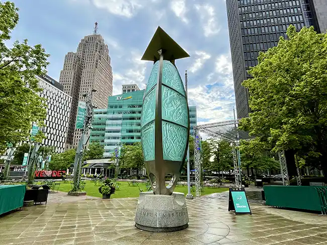 Campus Martius park in downtown Detroit Michigan. Taking pictures in Campus Martius is one of the most fun things to do in Detroit!