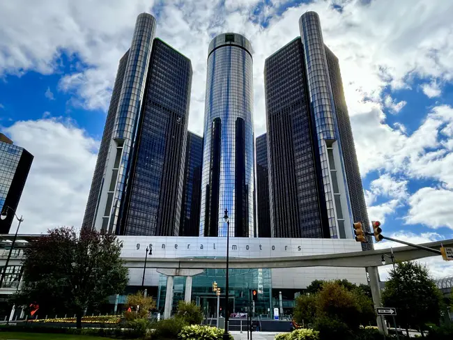 The front of the General Motors Renaissance Center in downtown Detroit, MI.