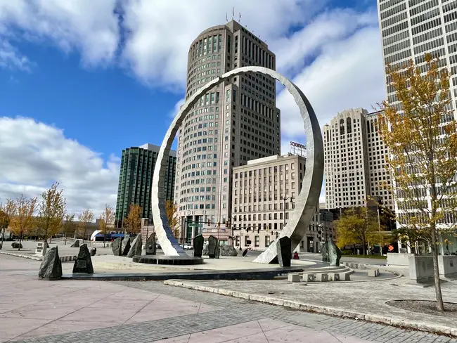 The circular 'Transcending Monument' structure which can be found in Hart Plaza in Detroit Michigan. Walking around Hart Plaza is one of the most fun things to do in Detroit!