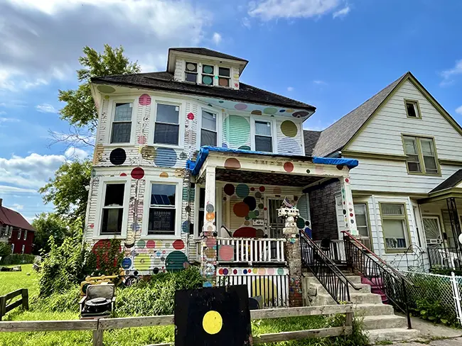 A polka dot painted house on Heidelberg Street in Detroit.
