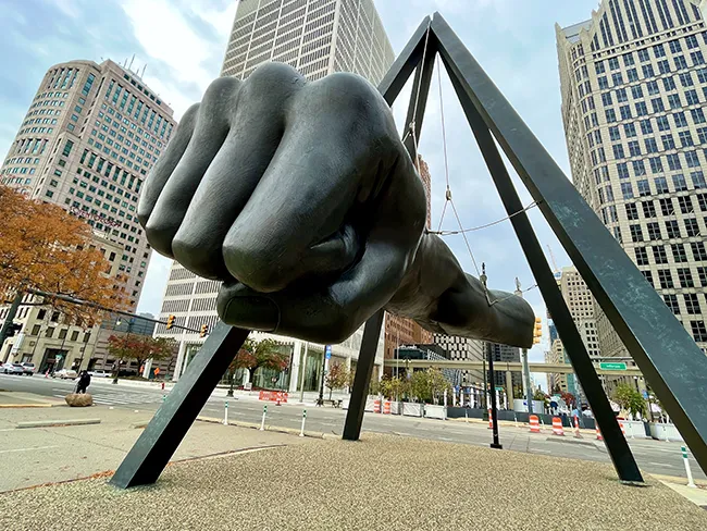 Up close image of the Joe Louis Fist sculpture in downtown Detroit Michigan. Seeing 'The Fist' is one of the most fun things to do in Detroit!