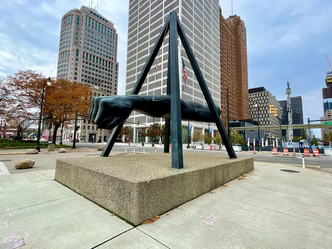 The monument dedicated to boxer Joe Louis called the Joe Louis fist in downtown Detroit.