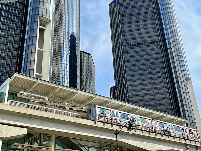 The People Mover in front of the General Motors Renaissance Center stop in Detroit Michigan.