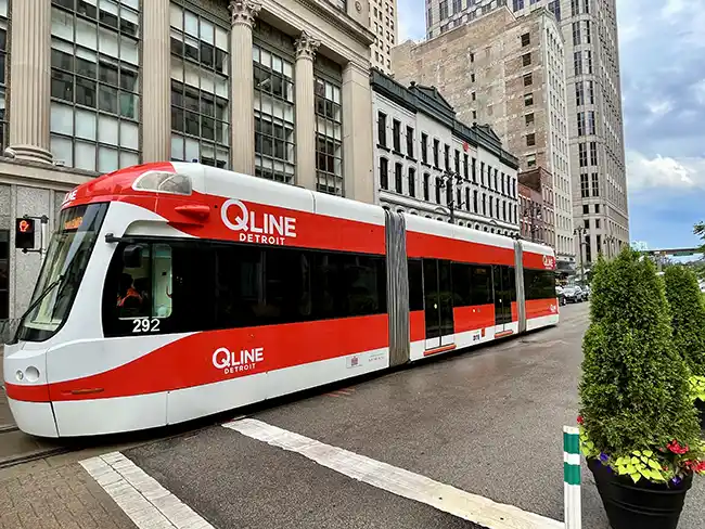 The Q-Line streetcar that goes down Woodward Avenue in downtown and midtown Detroit.
