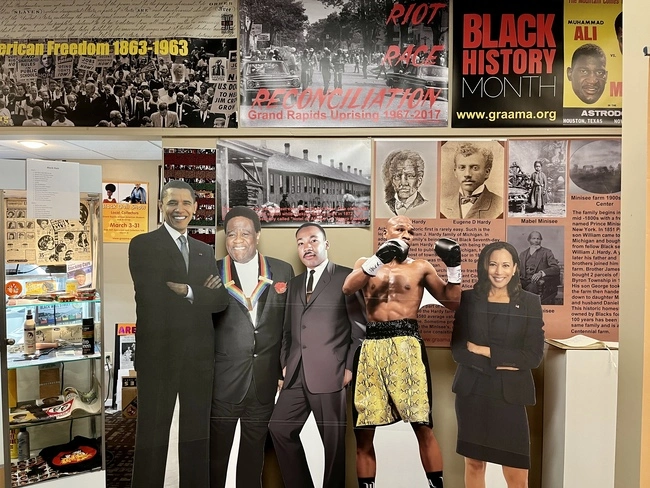 Cardboard cutouts of notable African Americans at the front of the museum. Visiting this museum is one of the best & fun things do in Grand Rapids, MI!