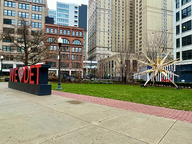 Campus Martius park in downtown Detroit Michigan with the Penobscot Building in the background.