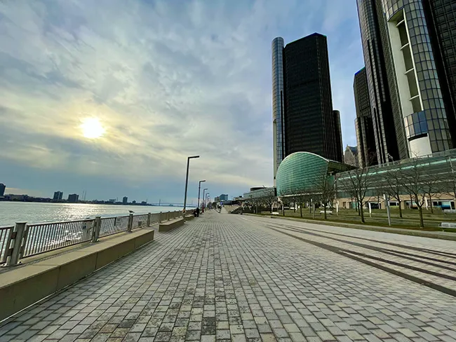 The Ren Cen on the right side of the Detroit Riverwalk.