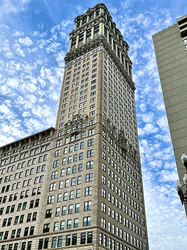 Side view of the Book Tower in Detroit.