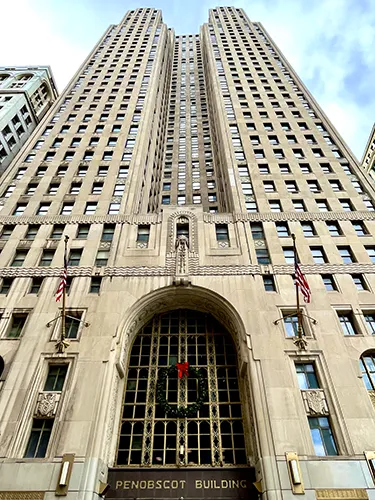 The front of the Penobscot Building in the financial district of downtown Detroit. 