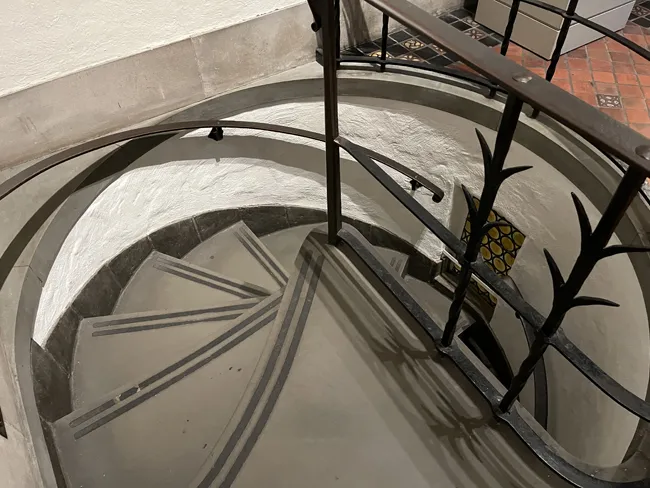 A spiral staircase leading to Kresge Court in the DIA.