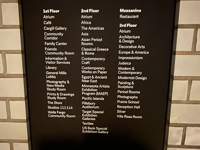 A sign inside the Minneapolis Institute of Art in Minneapolis, MN showing the varieties of art inside the museum and which floor they're located on.