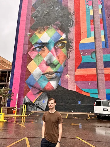 A mural of the musician Bob Dylan in downtown Minneapolis.
