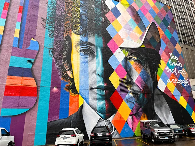 Mural of Bob Dylan in downtown Minneapolis.