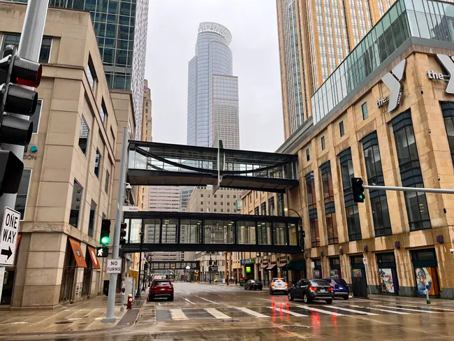 A segment of the Minneapolis Skyway in downtown Minneapolis with the Capella Tower in the background in Minneapolis, MN