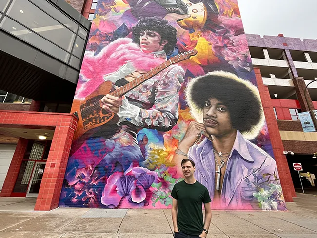 Mural of famous Purple Rain musician and actor Prince in downtown.