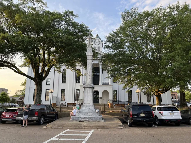 A statue of a Confederate soldier who died in the Civil War in front of one of the entrances of the Lafayette County Courthouse in Oxford, Mississippi.