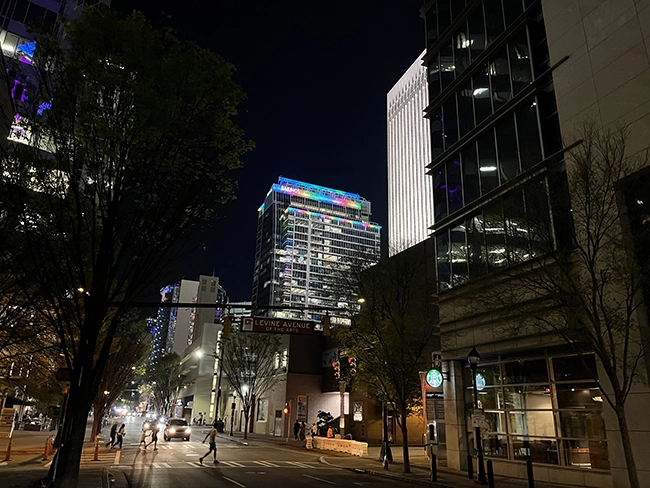 Uptown Charlotte at night, the intersection of S Church St and Levine Avenue of the Arts.