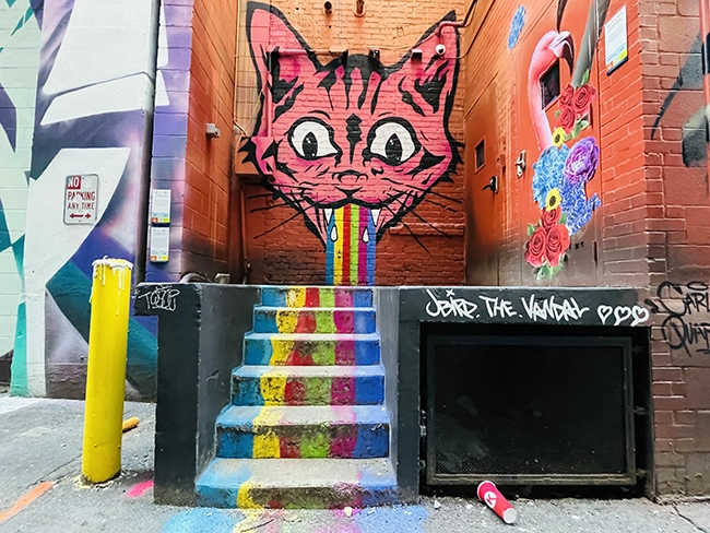 A mural of a cat vomiting a rainbow in Luminous Lane in uptown Charlotte.
