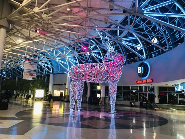 A structure of a reindeer adorned with fairy lights in Charlotte Douglas International Airport