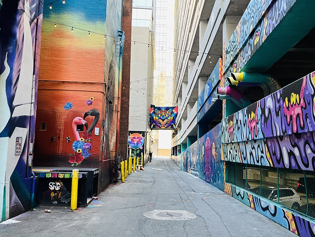 Luminous Lane is an alley of graffiti and murals. Visiting Luminous Lane is one of the most fun things to do in uptown Charlotte.