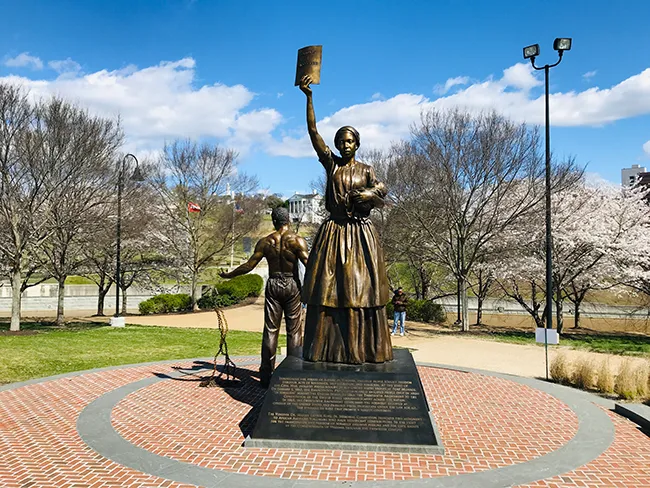 A historical statue along the Canal Walk in downtown Richmond, Virginia.
