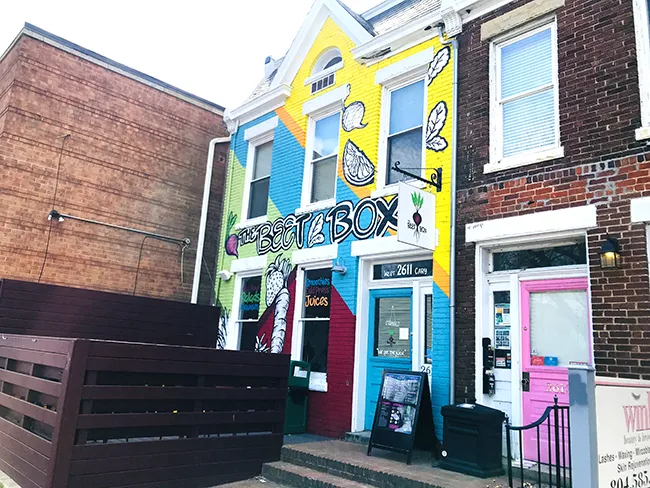 Colorful exterior of a local business in Carytown called the Beet Box in Richmond, Virginia.